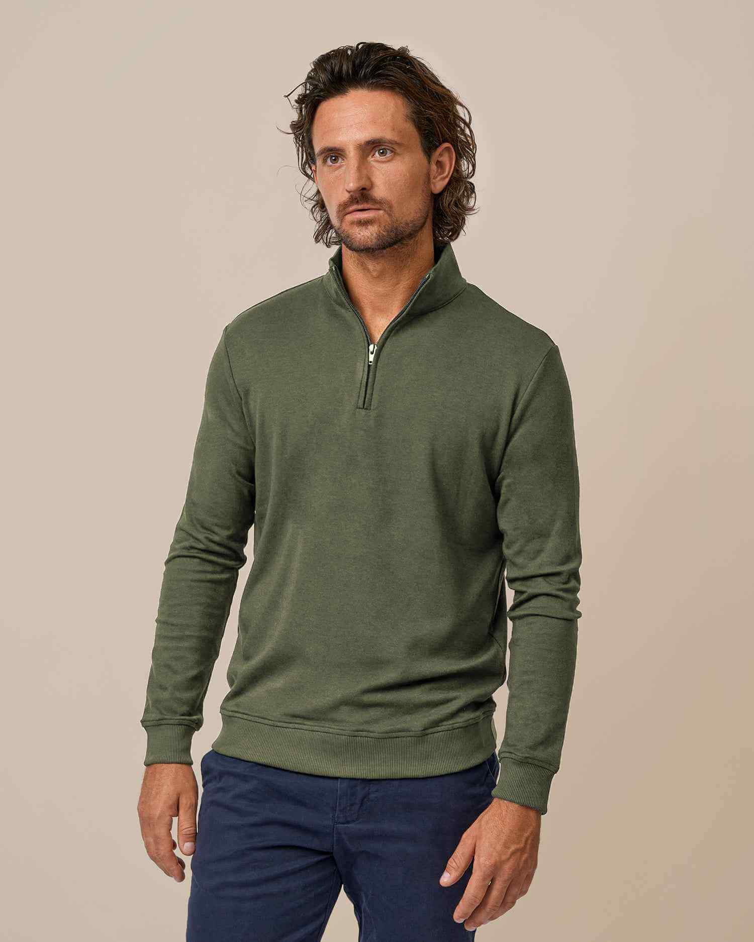BOXR | Felpa con Mezza Zip in Bambù – Verde oliva